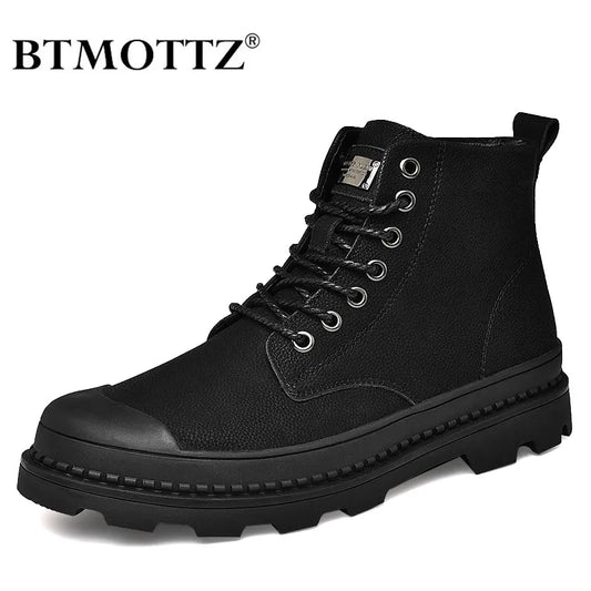 Black Winter Men Boots Genuine Leather Ankle Boots Men Motorcycle Botas