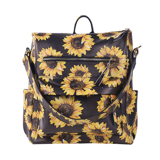 Sunflower Women Faux Leather Large Backpack With Sunflower Strap Convertible bag