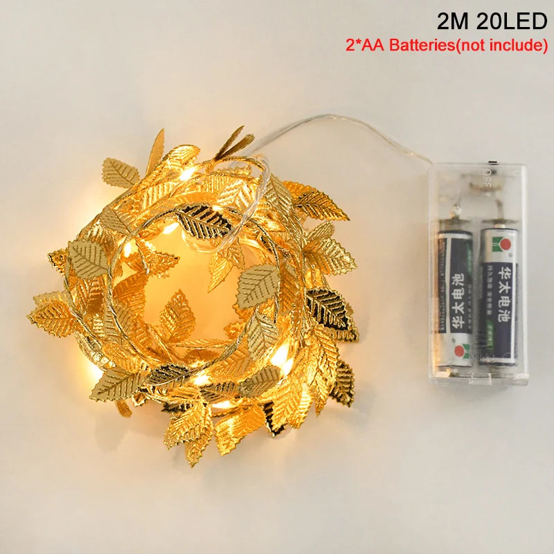 2M 20LED Golden Leaves String Fairy Lights For Wedding Birthday Party Decoration Home Garden Artificial Plant Garland Vine Light