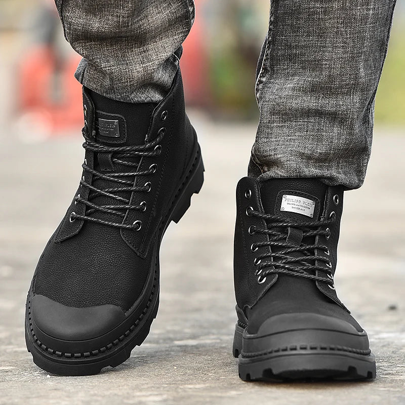 Black Winter Men Boots Genuine Leather Ankle Boots Men Motorcycle Botas