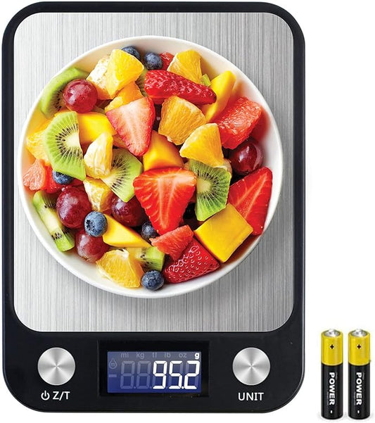 SKY-TOUCH Digital Kitchen Scale Multifunction Food Scale, Touch Button, Ultra Slim with Large LCD Display, 11lb/5kg, 22lb/5kg, Stainless Steel (Batteries Included) (10000g/1g)